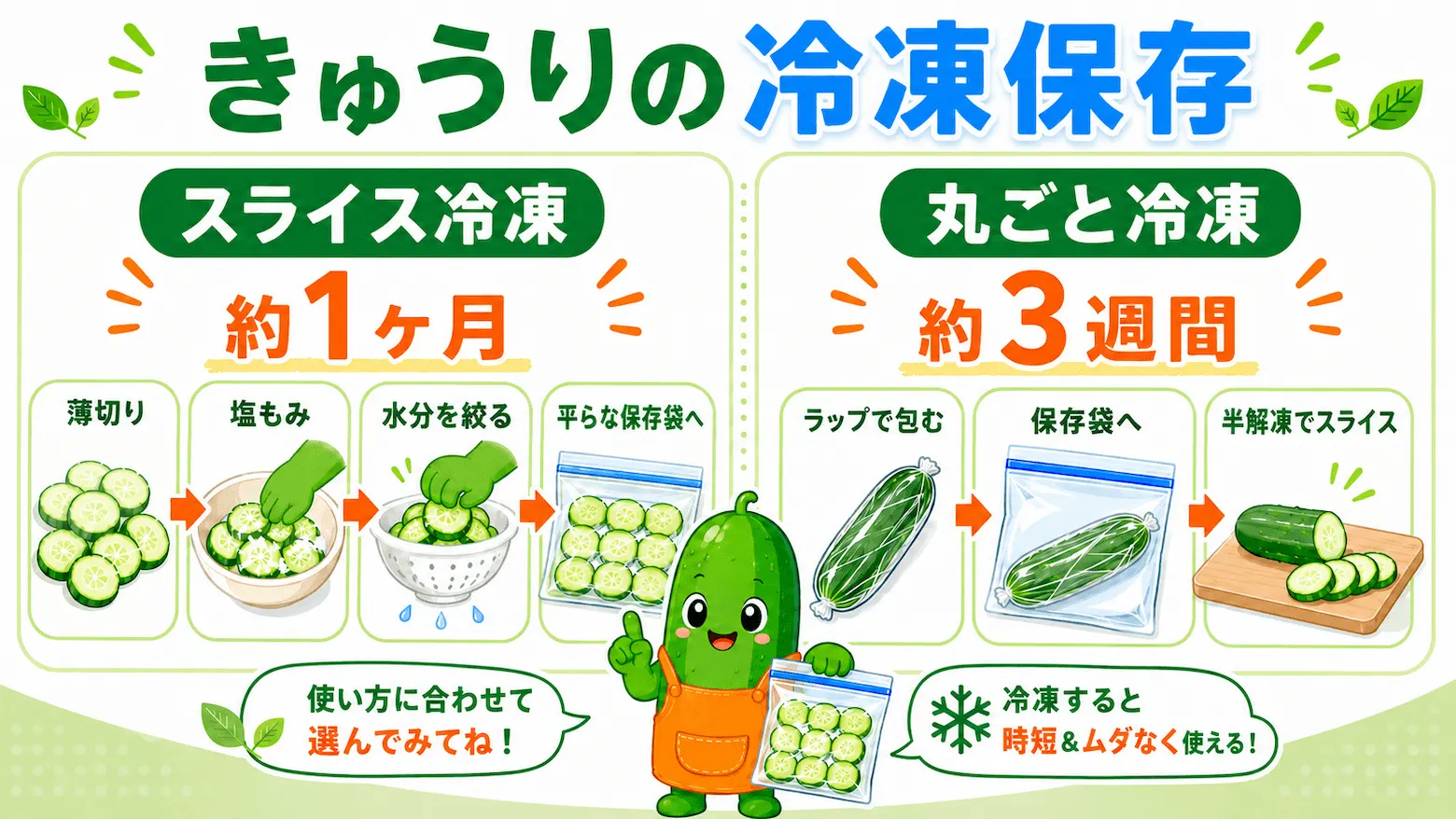 スライス塩もみ冷凍と丸ごと冷凍の2パターンを比較した、きゅうりの冷凍保存方法の図解イラスト。保存目安と手順を左右でわかりやすく紹介