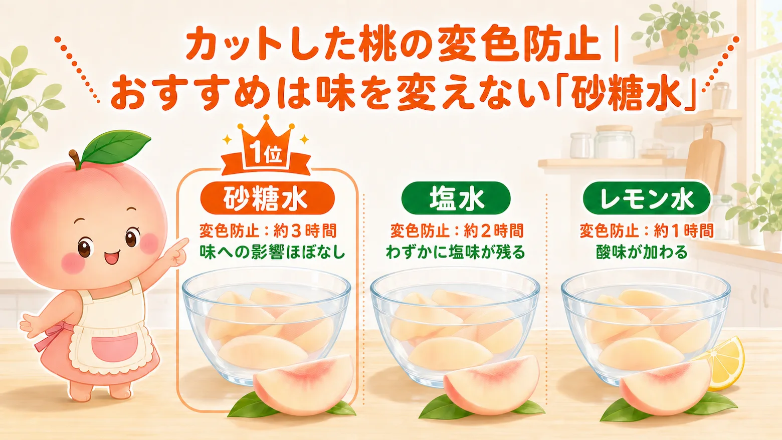 カットした桃の変色防止効果を砂糖水・塩水・レモン水で比較した図