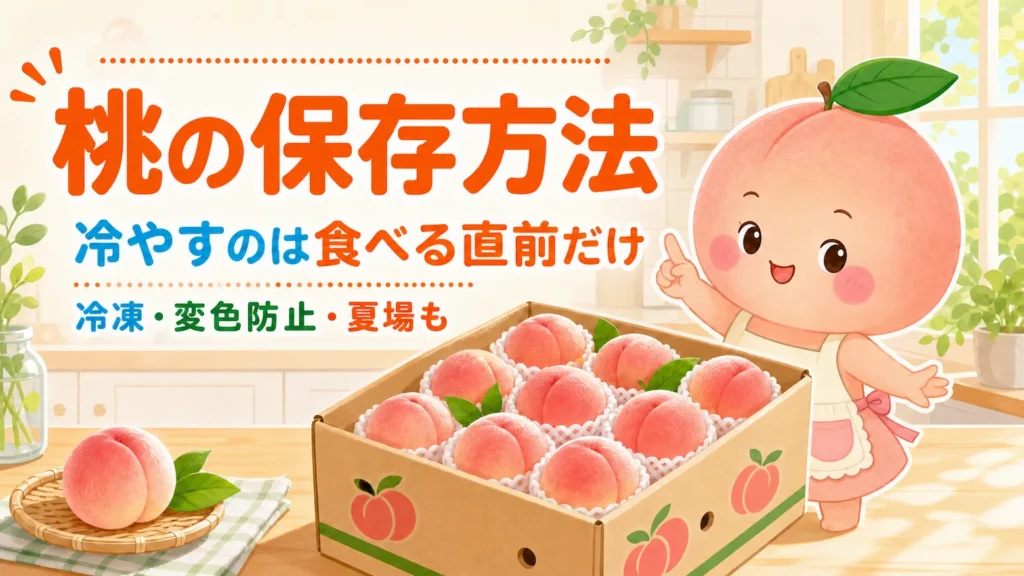 桃の保存方法を解説。冷やすのは食べる直前だけで、冷凍・変色防止・夏場の保存方法も紹介するアイキャッチ画像