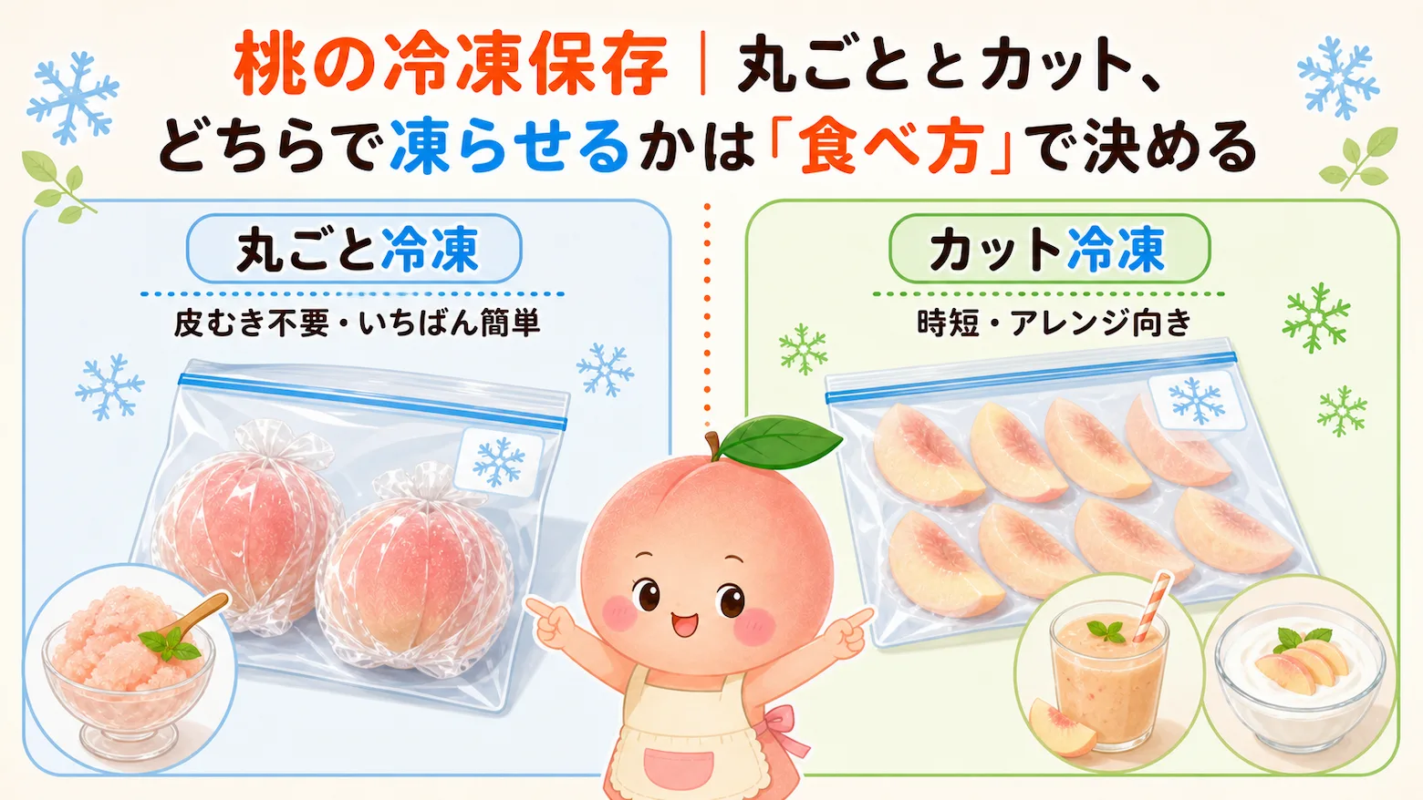 桃の丸ごと冷凍とカット冷凍の方法と使い分けを比較した図