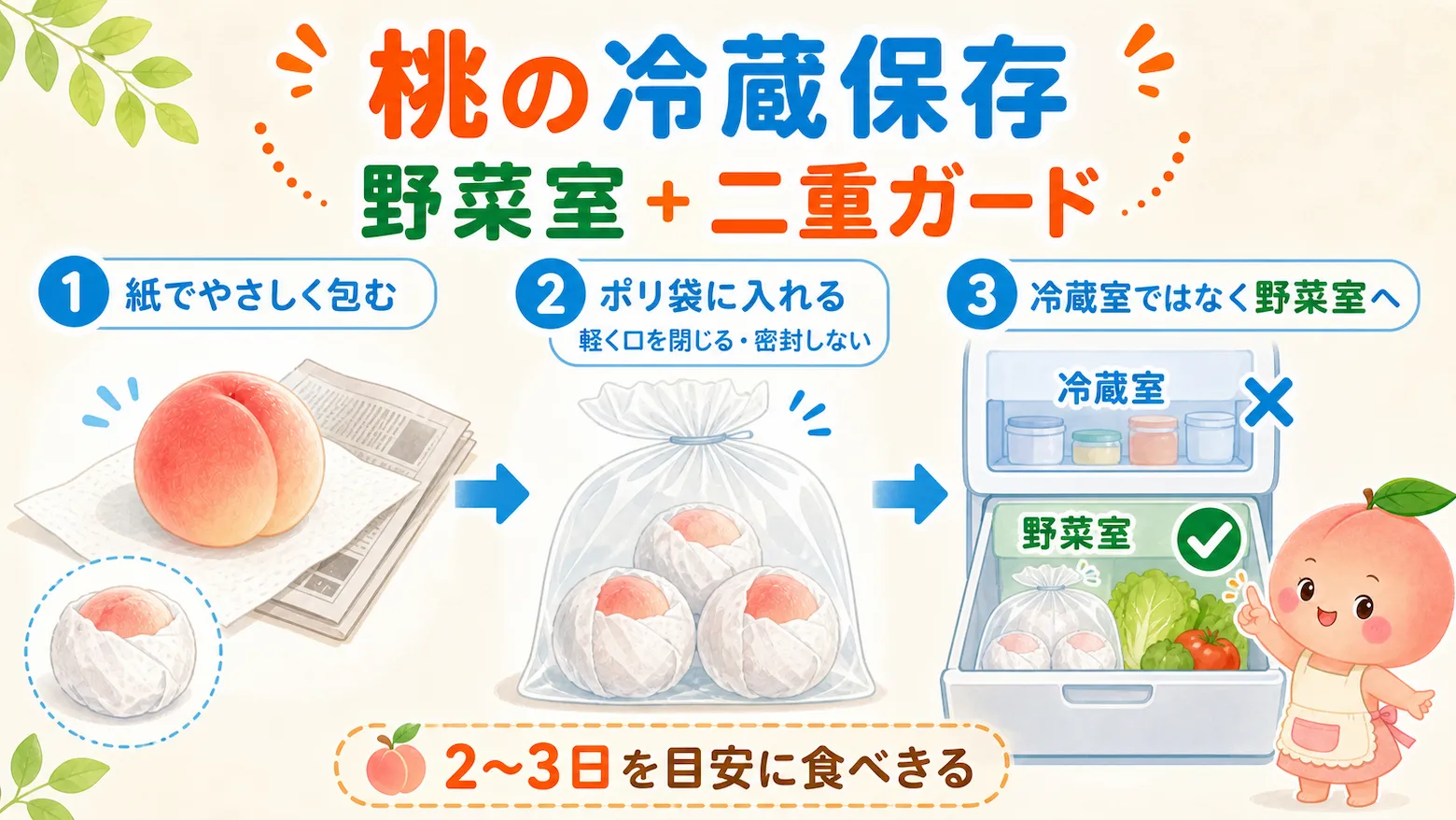 桃の冷蔵保存の手順。紙とポリ袋で二重に包み、冷蔵室ではなく野菜室に入れる方法