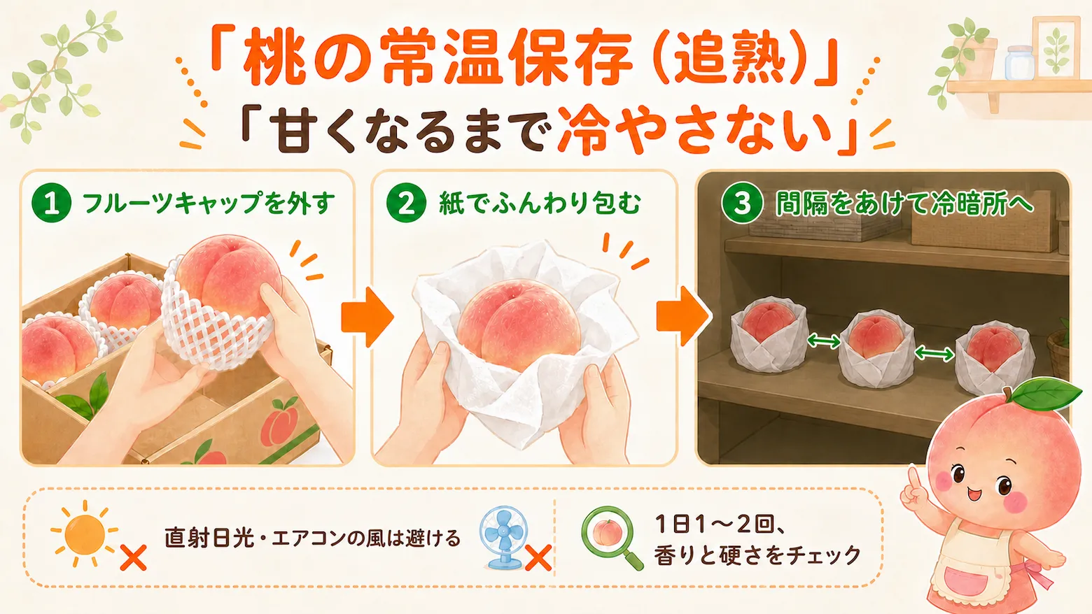 桃の常温保存と追熟の手順。フルーツキャップを外し、紙で包んで冷暗所に置く方法