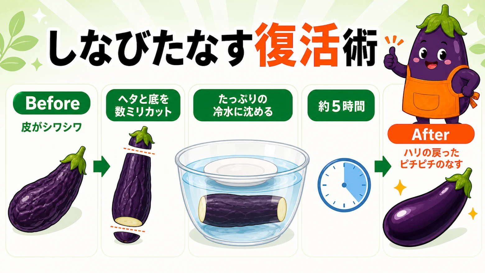 しなびたなすのヘタと底を切って冷水に5時間沈め、ハリを取り戻すBefore/After復活術の図解