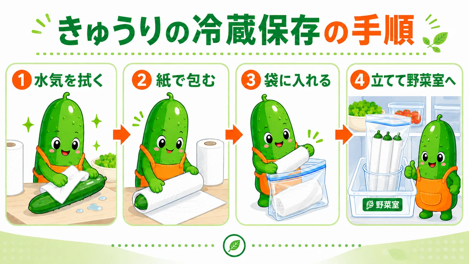 きゅうりを野菜室で立てて保存する冷蔵保存の4ステップ手順イラスト。水気を拭き、紙で包み、袋に入れ、立てて保存する流れを図解