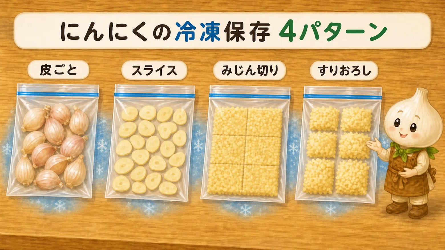 にんにくの冷凍保存4パターンを比較した図解。皮ごと・スライス・みじん切り・すりおろしを、それぞれ保存袋に入れた状態で紹介している。