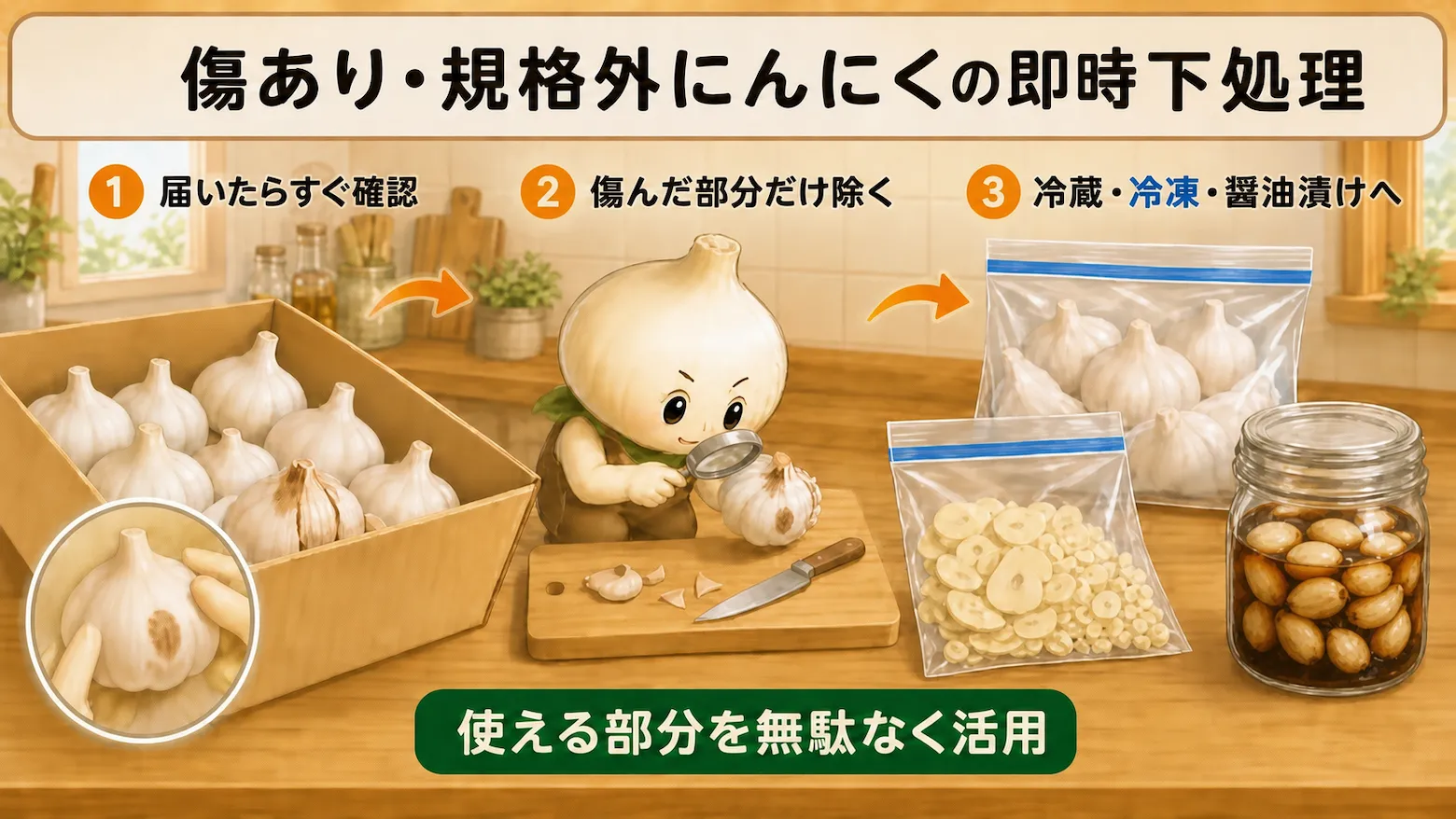 傷あり・規格外にんにくの即時下処理を3ステップで示した図解。届いたらすぐ状態を確認し、傷んだ部分だけを取り除き、冷蔵・冷凍・醤油漬けに振り分ける流れ。