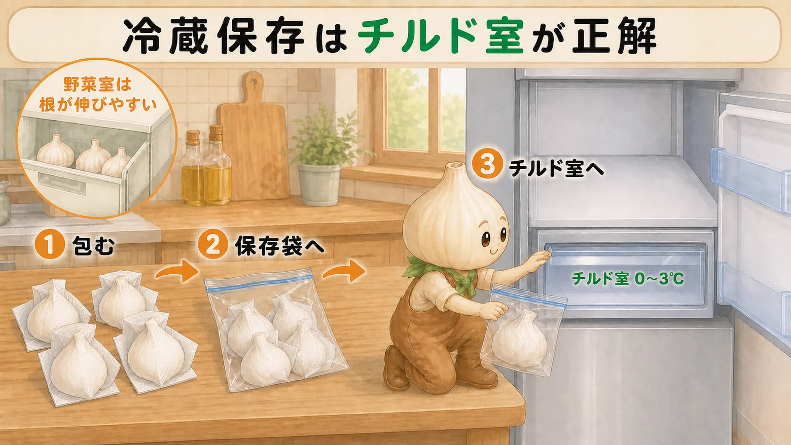にんにくの冷蔵保存はチルド室が正解だと示す図解。根が伸びやすい野菜室と対比し、1玉ずつ紙で包んで保存袋に入れ、0〜3℃のチルド室へ入れる3ステップを説明している。