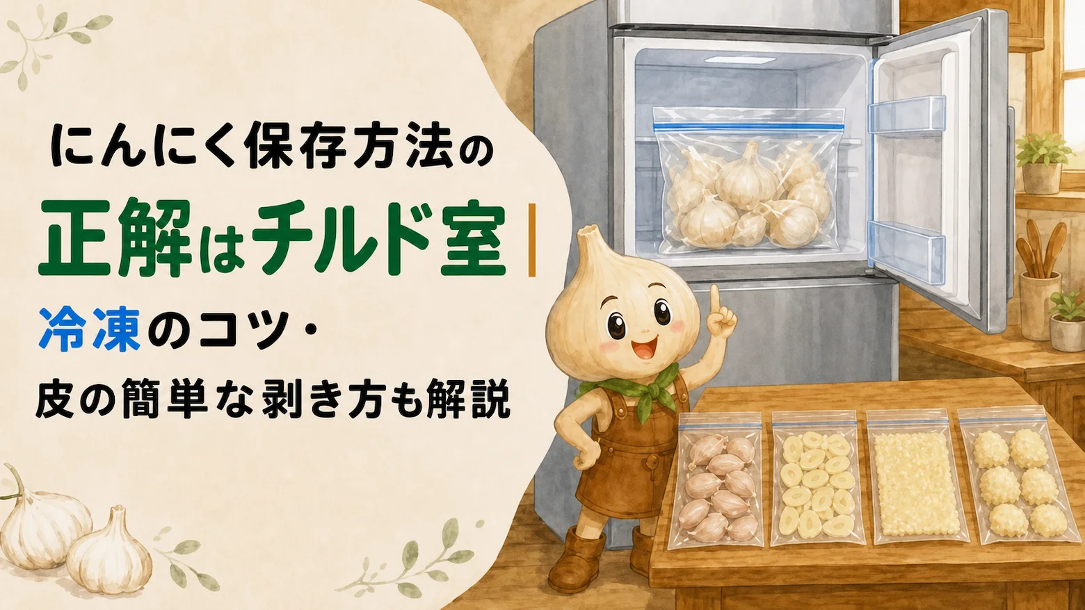 にんにく保存方法の正解はチルド室だと伝えるアイキャッチ画像。冷蔵庫に保存した丸ごとにんにくと、皮ごと・スライス・みじん切り・すりおろしの冷凍保存袋を並べている。
