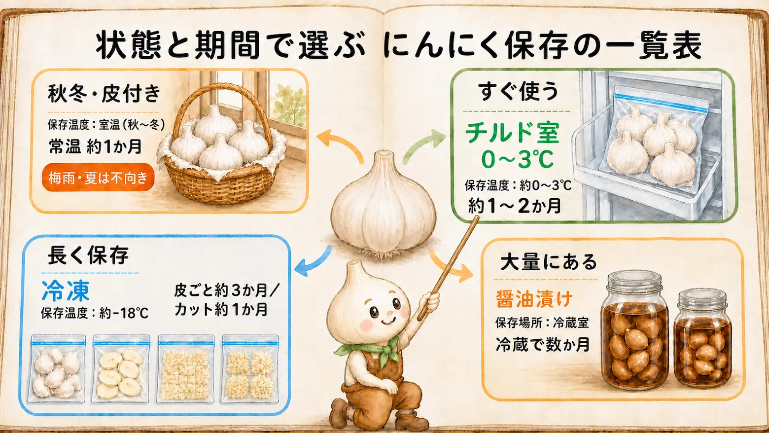 保存方法を状態・保存温度・保存期間で選ぶ一覧図。丸ごと皮付きは室温(秋〜冬)で約1ヶ月、すぐ使う分は約0〜3℃のチルド室で約1〜2ヶ月、長期保存は約-18℃の冷凍で皮ごと約3ヶ月・カットは約1ヶ月、大量なら冷蔵室で醤油漬けが目安。