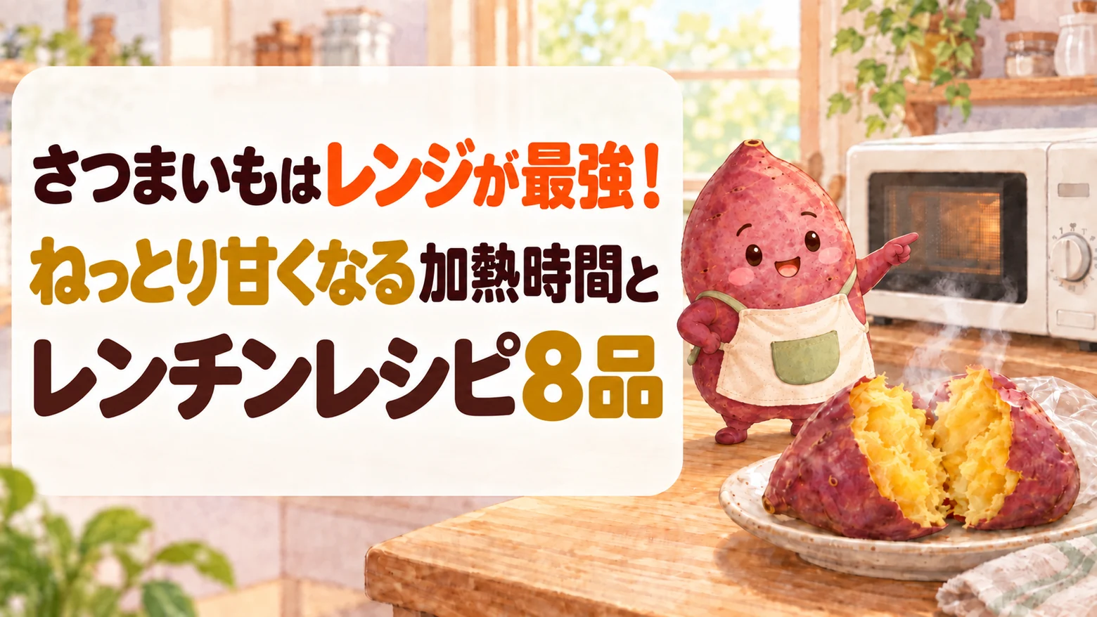 さつまいもを電子レンジでねっとり甘く仕上げる加熱時間と、レンチンレシピ8品を紹介するアイキャッチ。電子レンジの手前に、黄金色の断面から湯気が立つさつまいもが置かれている。