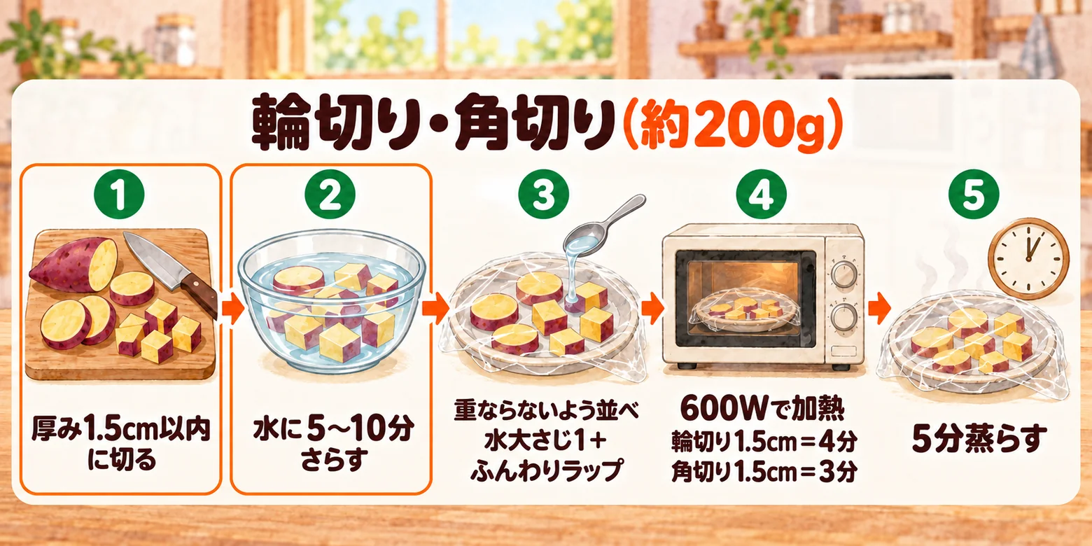 さつまいもを切ってレンジで加熱する手順。厚み1.5cm以内に切って水に5〜10分さらし、重ならないよう並べて水大さじ1をふり、ふんわりラップをする。約200gなら600Wで輪切り1.5cmは4分、角切り1.5cmは3分加熱し、5分蒸らす。