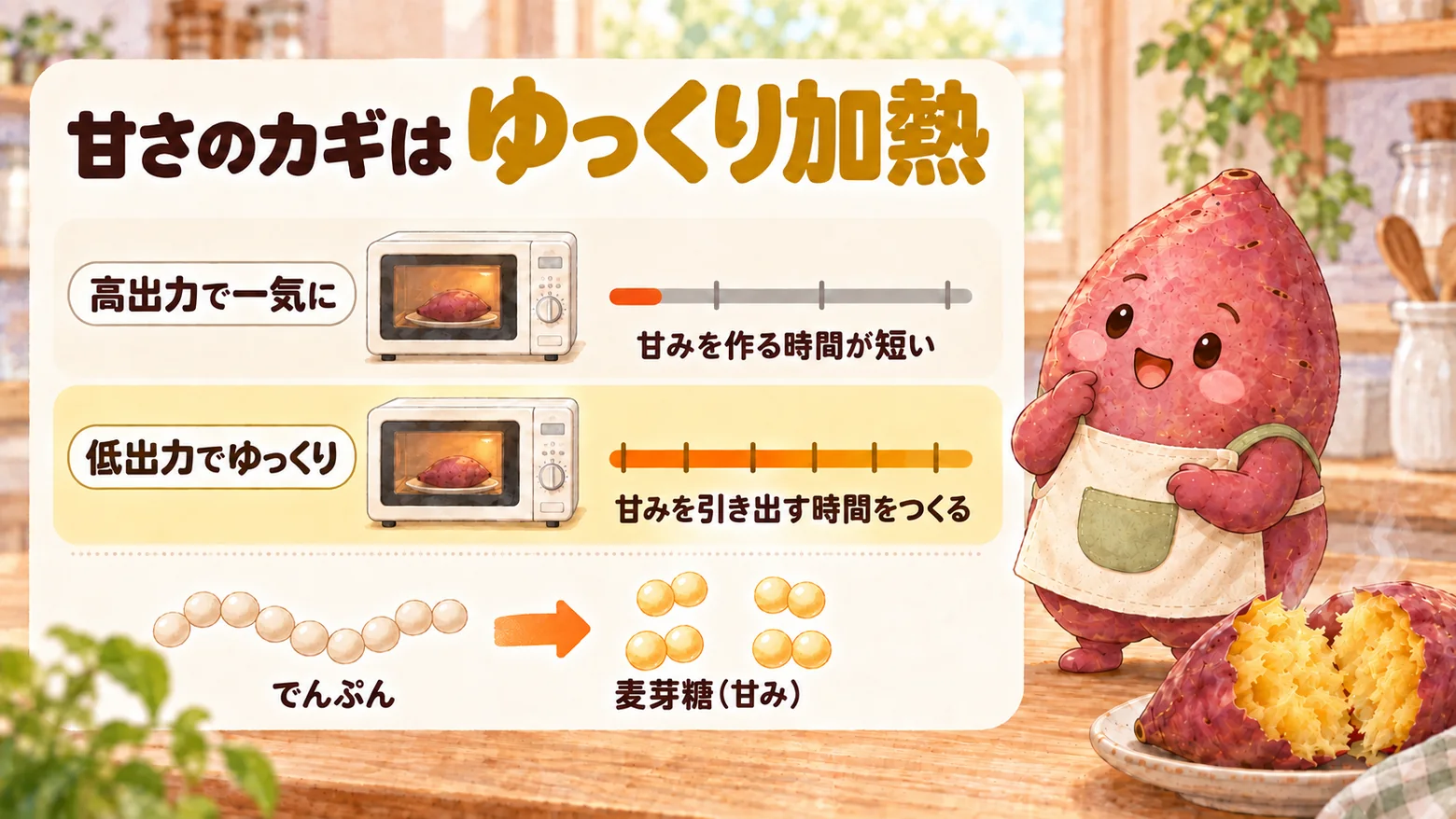高出力で一気に加熱すると甘みを作る時間が短く、低出力でゆっくり加熱すると甘みを引き出す時間をつくれることを比べた図解。でんぷんが麦芽糖（甘み）に変わる様子もあわせて示している。