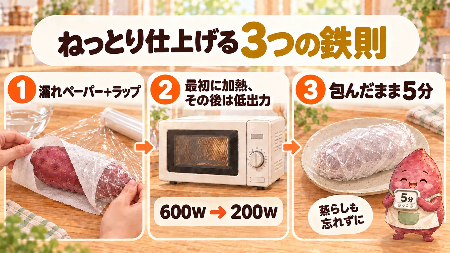 さつまいもを電子レンジでねっとり仕上げる3つの手順。濡れたキッチンペーパーとラップで包み、600Wで加熱したあと200Wの低出力に切り替え、加熱後は包んだまま5分蒸らす。