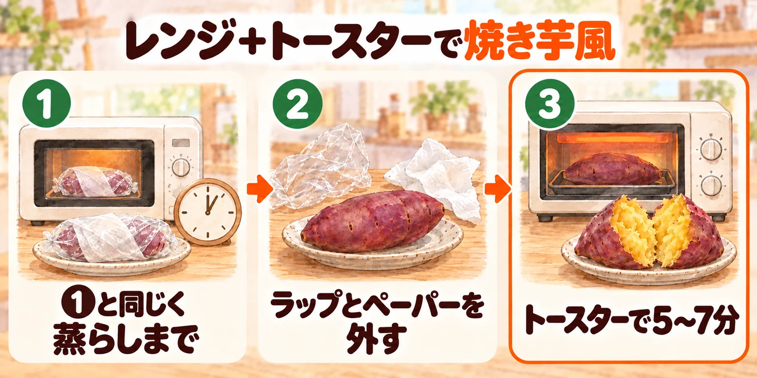 レンジで蒸したさつまいもを焼き芋風に仕上げる手順。丸ごと蒸す手順で蒸らしまで終えたら、ラップとキッチンペーパーを外し、オーブントースターで5〜7分焼く。