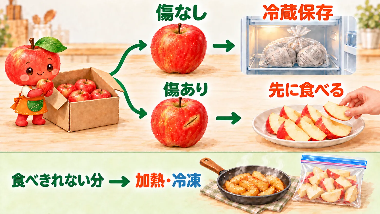 傷のないりんごは冷蔵保存し、軽い傷のあるものは先に食べる。どちらも食べきれない分は加熱・冷凍する流れ
