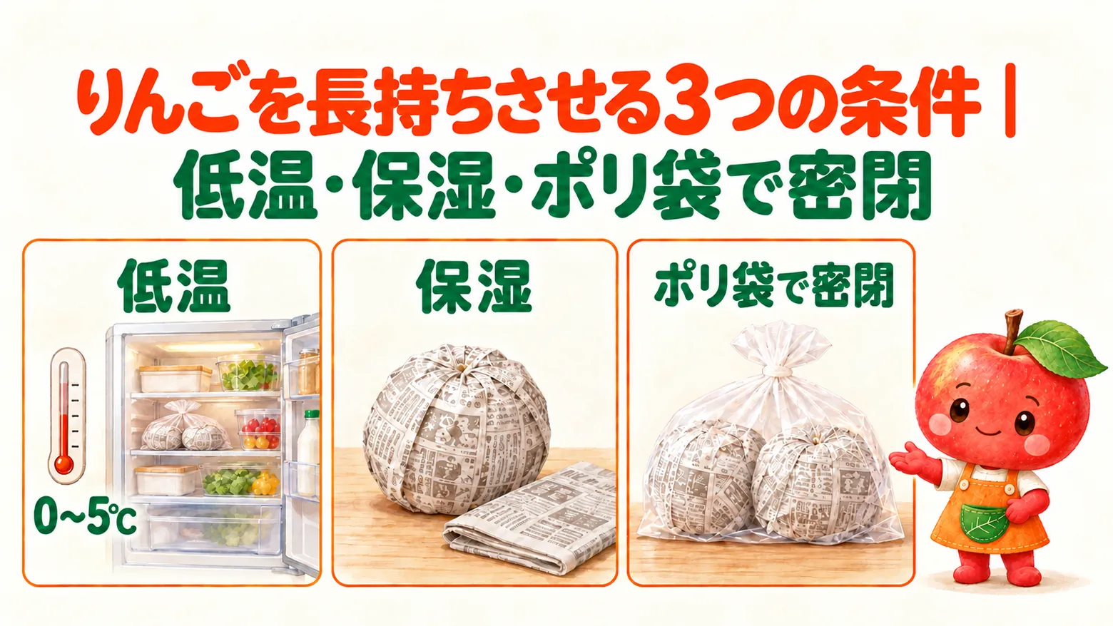 りんごを長持ちさせる3つの条件の図解。0〜5℃の低温、新聞紙で包んで保湿、ポリ袋で密閉の3つを並べ、りんごのキャラクターが案内している