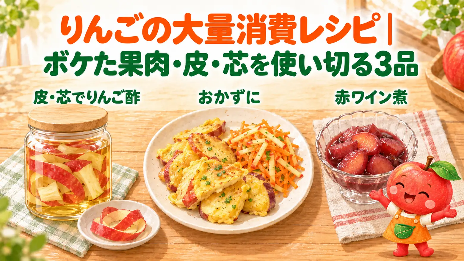 りんごの大量消費レシピ、3つの使い道。皮と芯で作る自家製りんご酢、りんごのピカタと人参サラダのおかず、りんごの赤ワイン煮