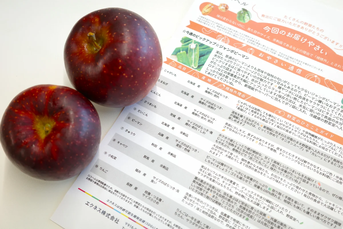 ロスヘルで届いたりんごと、産地や規格外の理由を紹介する同梱冊子「おやさい通信」