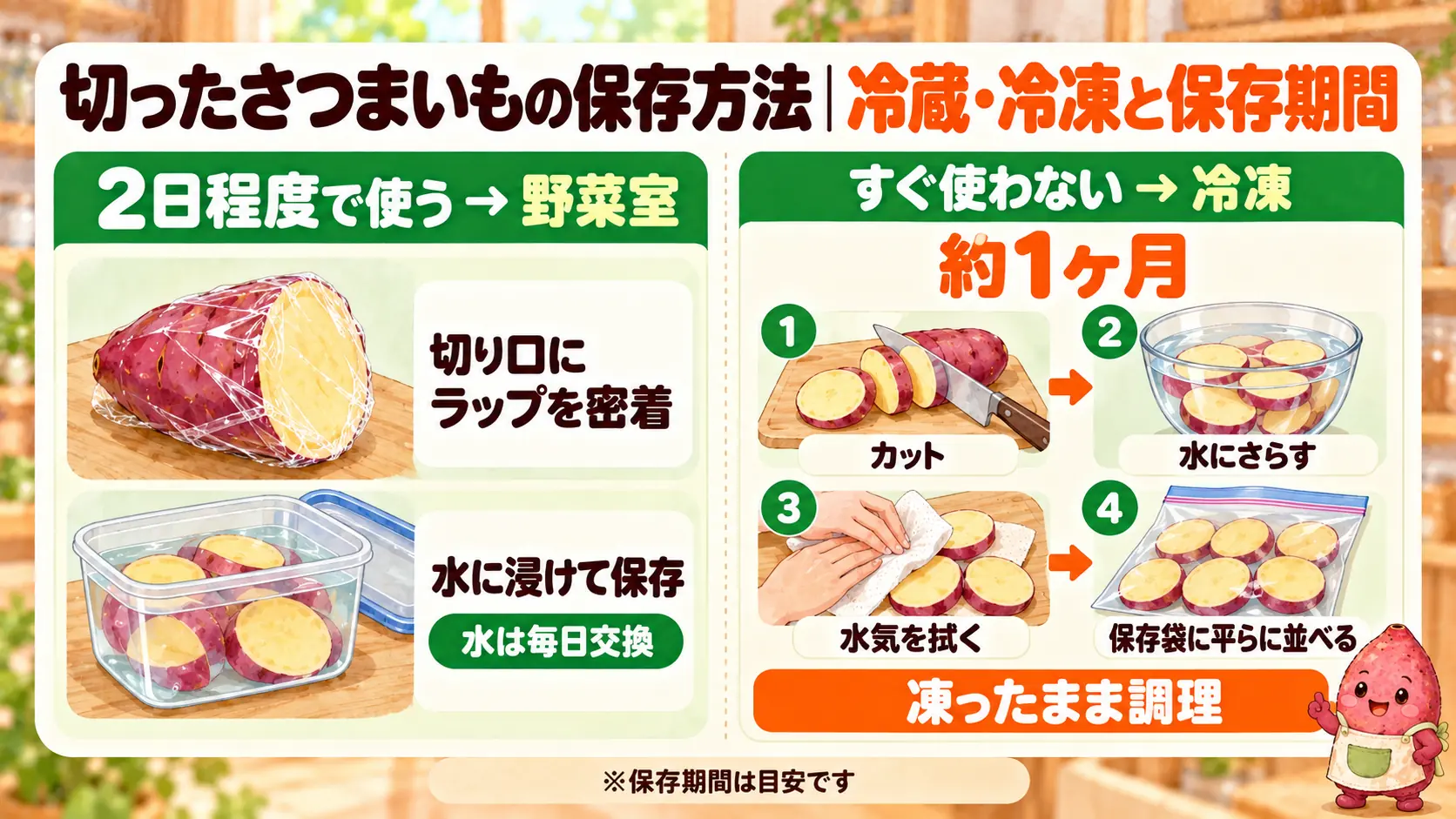 切ったさつまいもの冷蔵・冷凍保存。早めに使うならラップか水漬けで野菜室へ（水漬けは2日ほどが目安）。すぐ使わない分はカットして水にさらし、水気を拭いて保存袋で冷凍。約1ヶ月が目安。