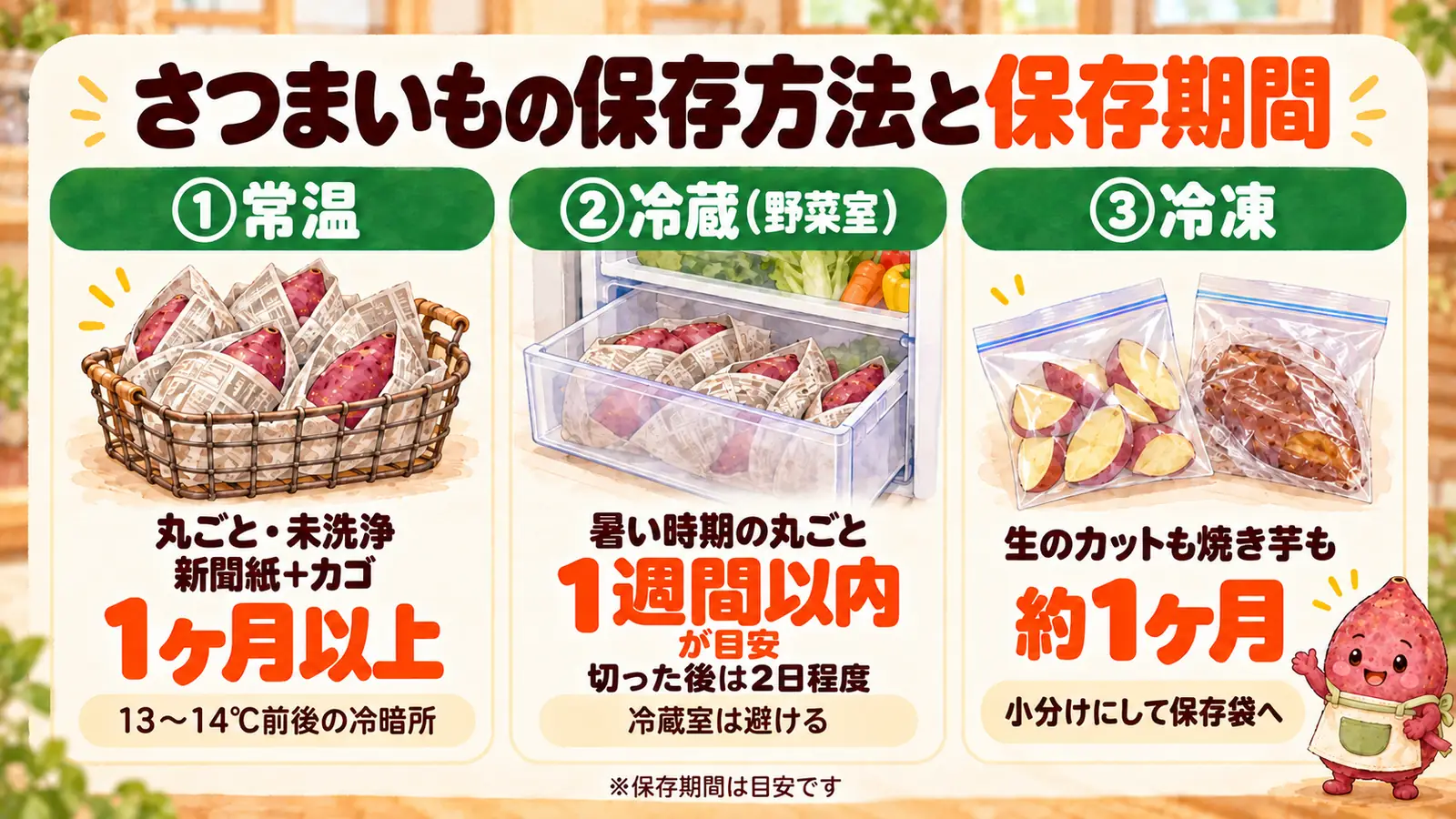 さつまいもの保存方法と保存期間の早見表。常温は涼しい冷暗所で1ヶ月以上、暑い時期の丸ごとは野菜室で1週間ほどが目安、切った後は水に浸けて2日ほど、冷凍は約1ヶ月。