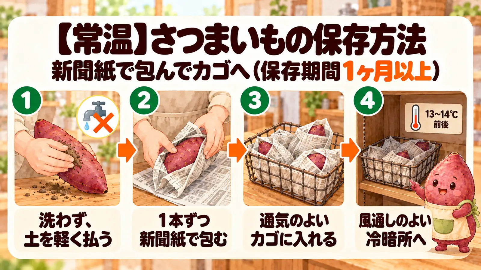 さつまいもの常温保存の4ステップ。洗わず土を軽く払い、1本ずつ新聞紙で包み、通気のよいカゴに入れて13〜14℃前後の冷暗所に置く。