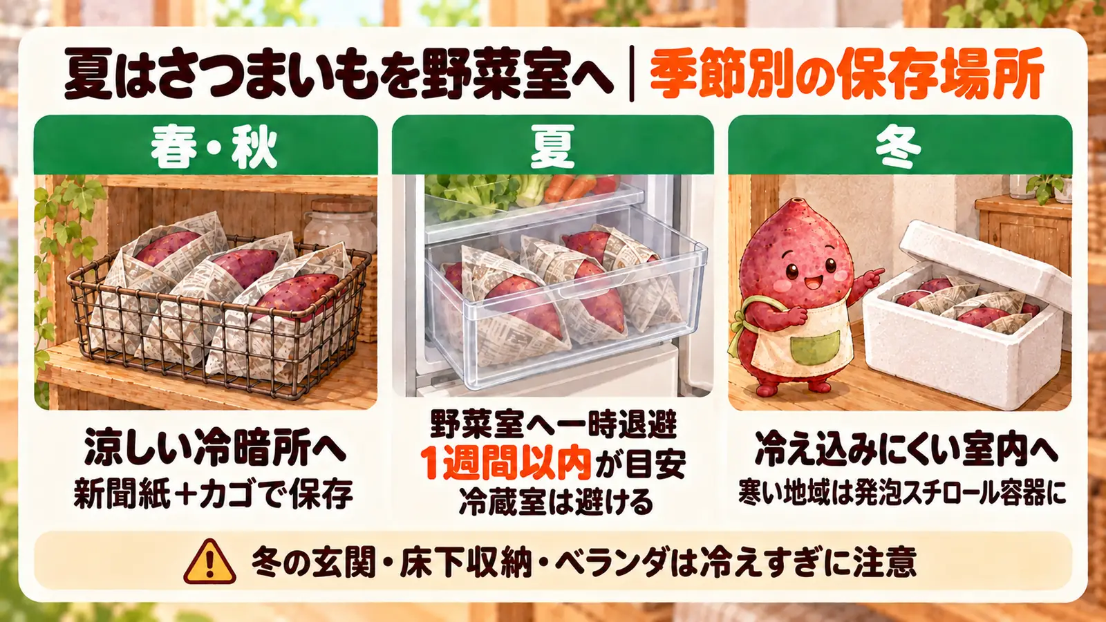 さつまいもの季節別の保存場所。春・秋は涼しい冷暗所、夏は野菜室へ一時退避して1週間ほどが目安、冬は冷え込みにくい室内へ。